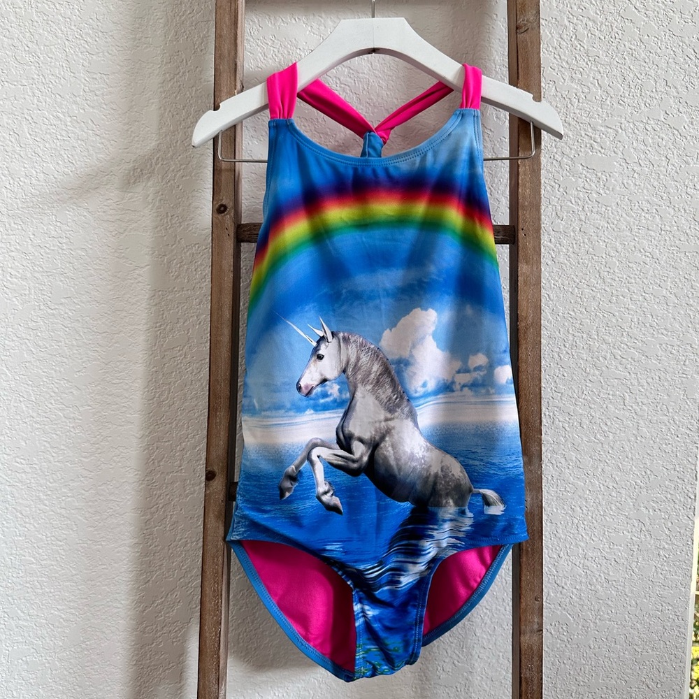 Unicorn Rainbow Girls One Piece Swimsuit Sz: 14